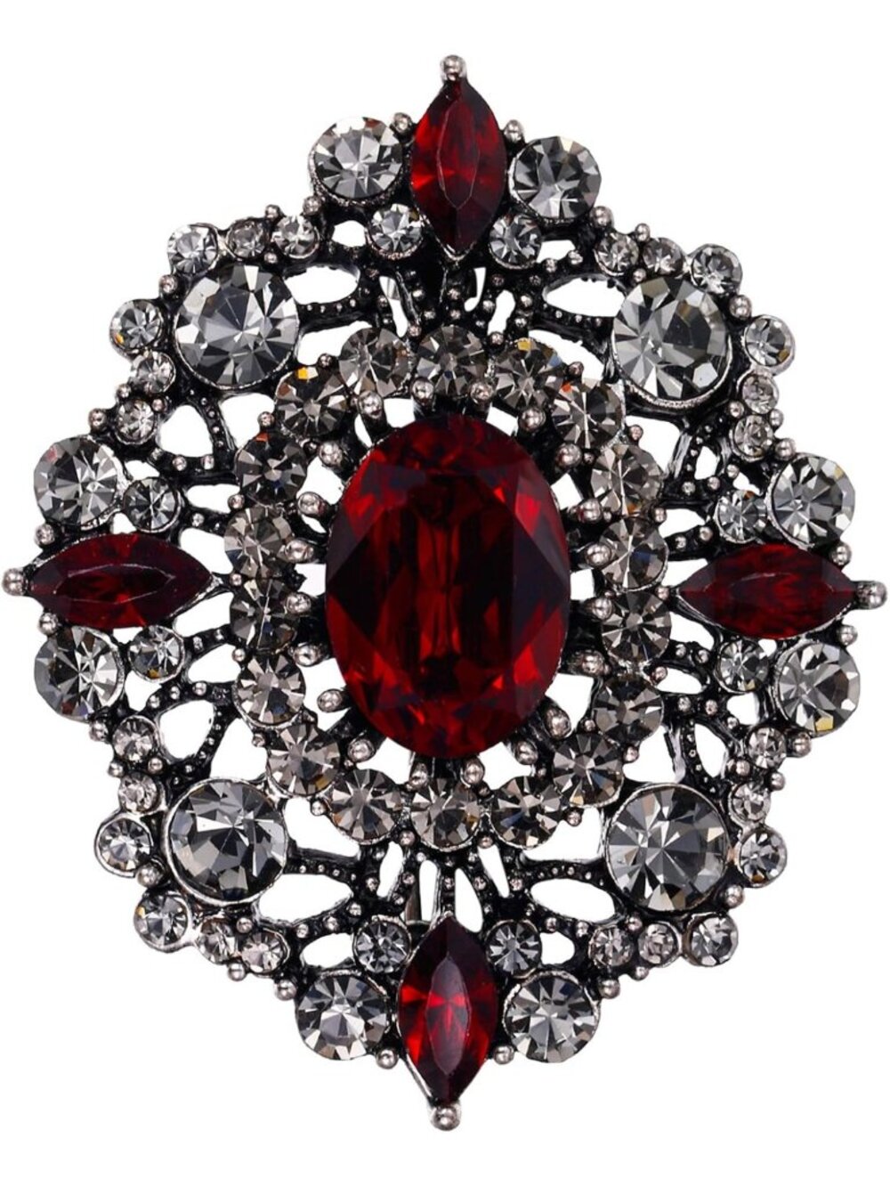 Elegant Vintage Oval & Marquise Crystal Brooch | Hollow Filigree Design